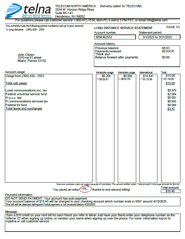USA Telna utility bill template in Word and PDF formats